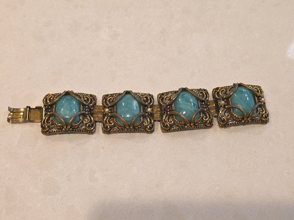 Beautiful Antique Vintage Art Nouveau Book Chain Jade Brass Amethyst Bracelet