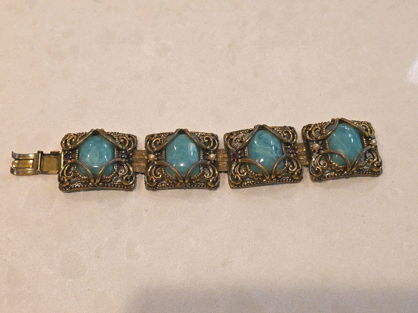 Beautiful Antique Vintage Art Nouveau Book Chain Jade Brass Amethyst Bracelet
