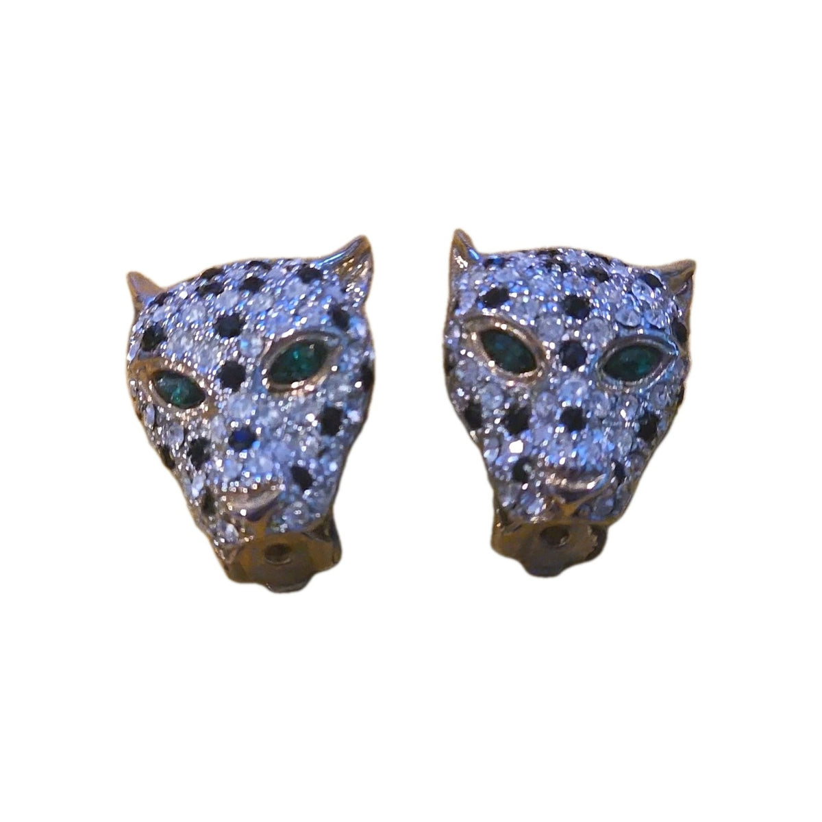 Designer Style Panther Head Pave Rhinestone Earrings Green Rhinestone Eyes