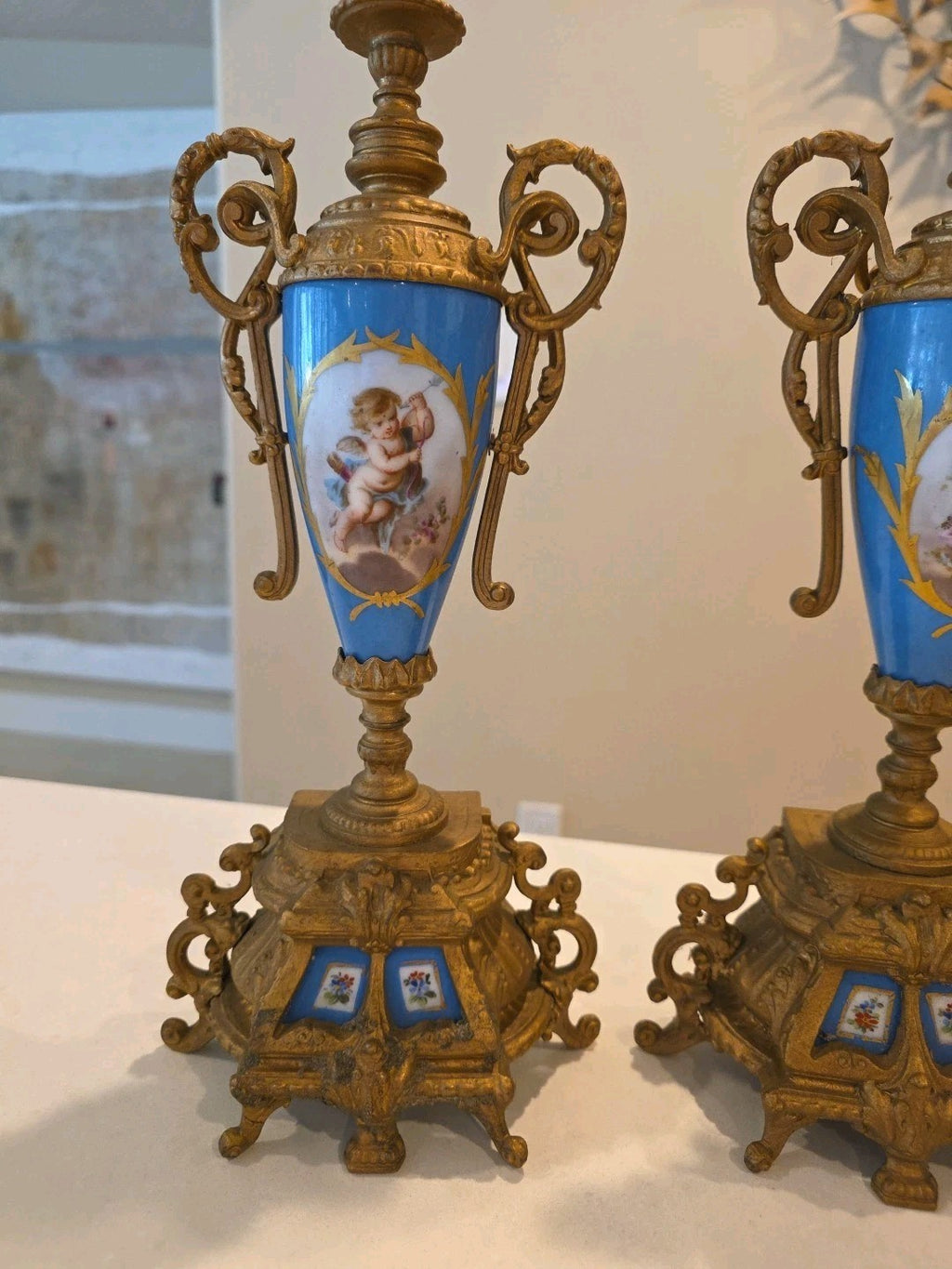 Pair 13" Sevres Style Hand Painted Porcelain Twin Handled Covered Urns