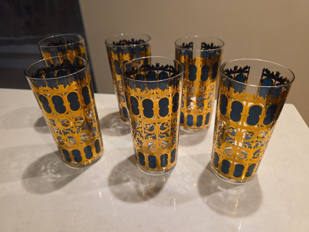 Six 1950 MCM Emerald Green 22k Gold Glasses Signed Culver Highball