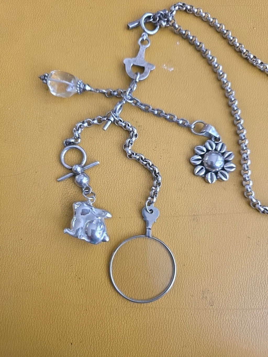 Antique Fine Sterling Silver Albert Graded Links Chain With 4 Charms Necklace
