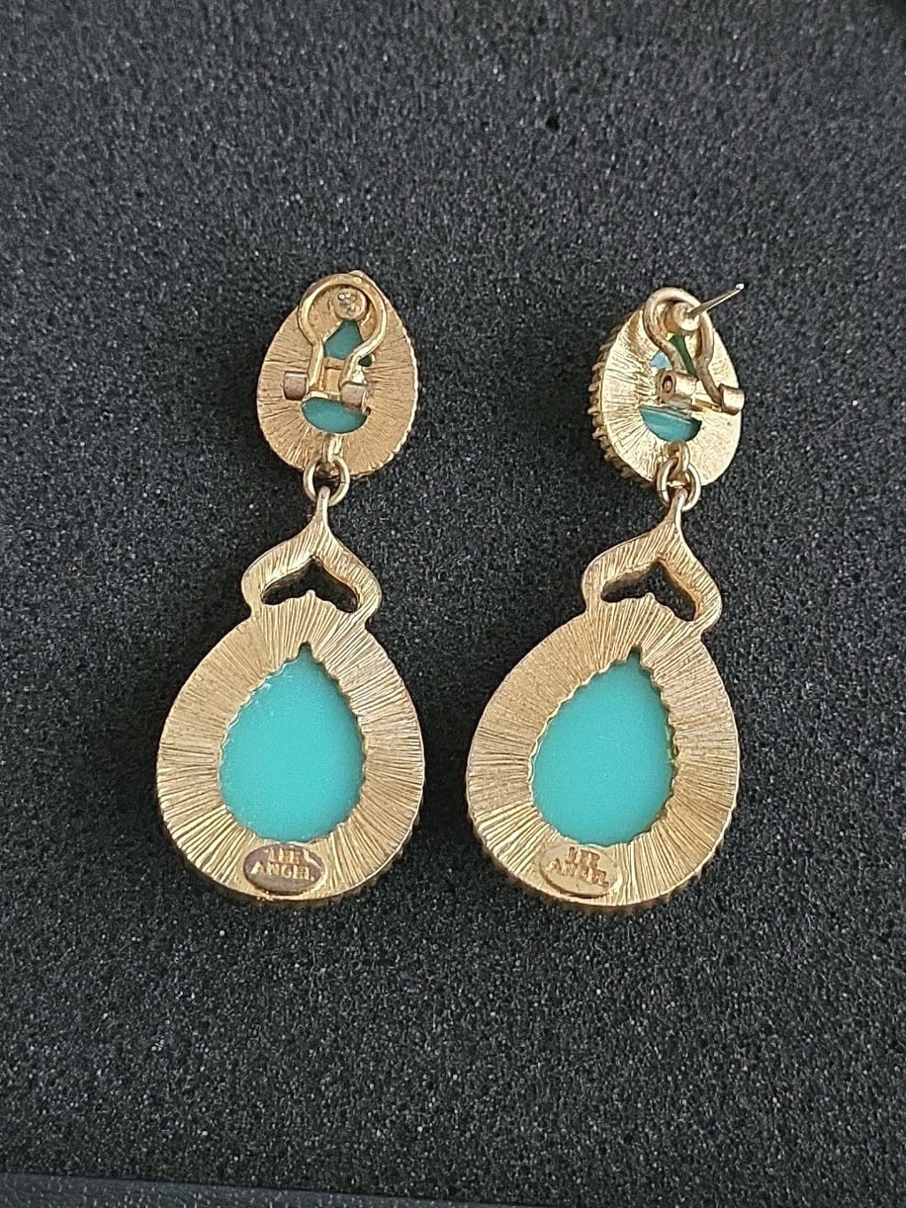 VTG LEE ANGEL Gold Tone Faux Turquoise Rhinestone Omega Back Dangle Earrings