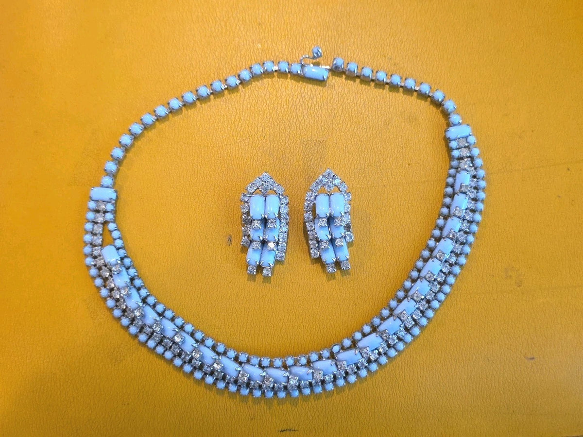 Vintage Kramer Blue Rhinestone Statement Pieces Necklace Bracelet Earrings