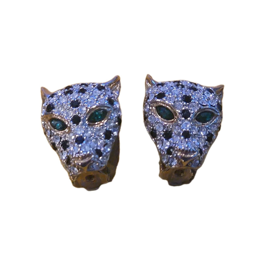 Designer Style Panther Head Pave Rhinestone Earrings Green Rhinestone Eyes