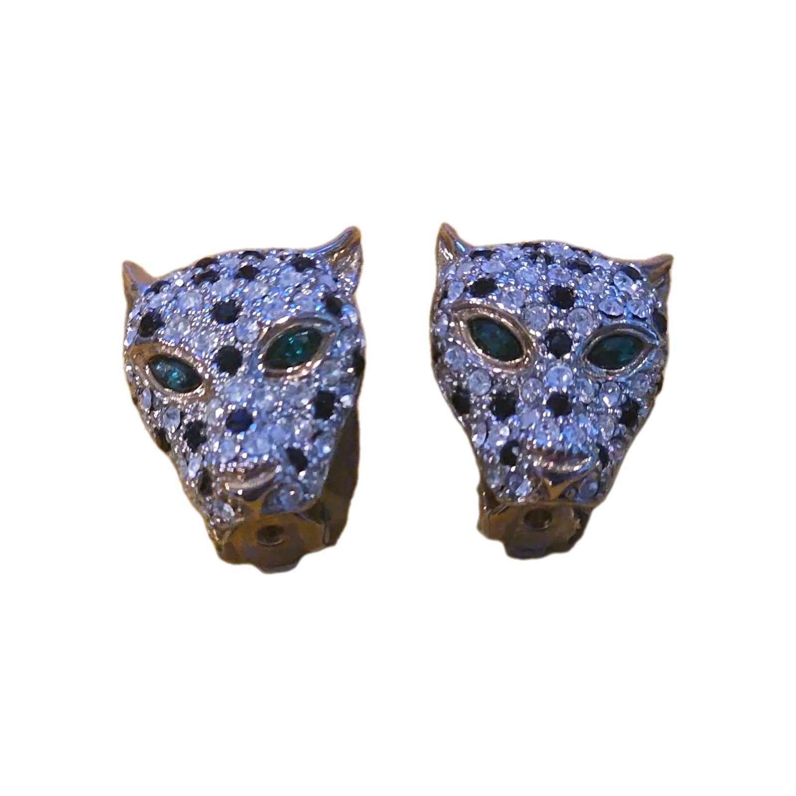 Designer Style Panther Head Pave Rhinestone Earrings Green Rhinestone Eyes