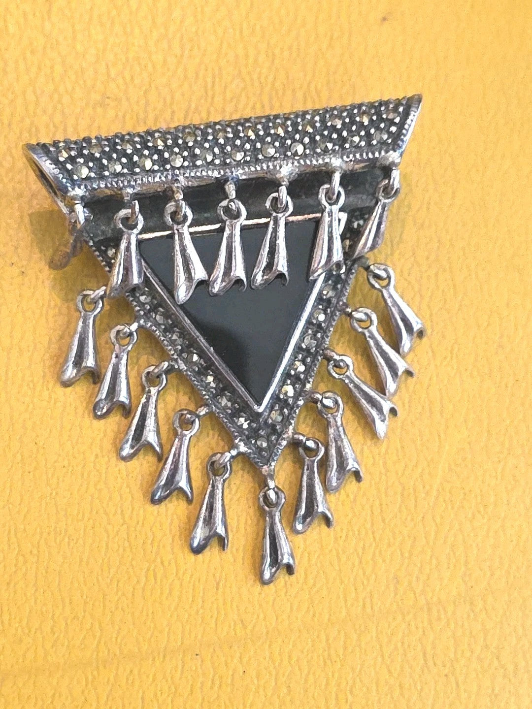 Vintage JUDITH JACK Marcasite Sterling Silver Black Onyx Dangle Brooch