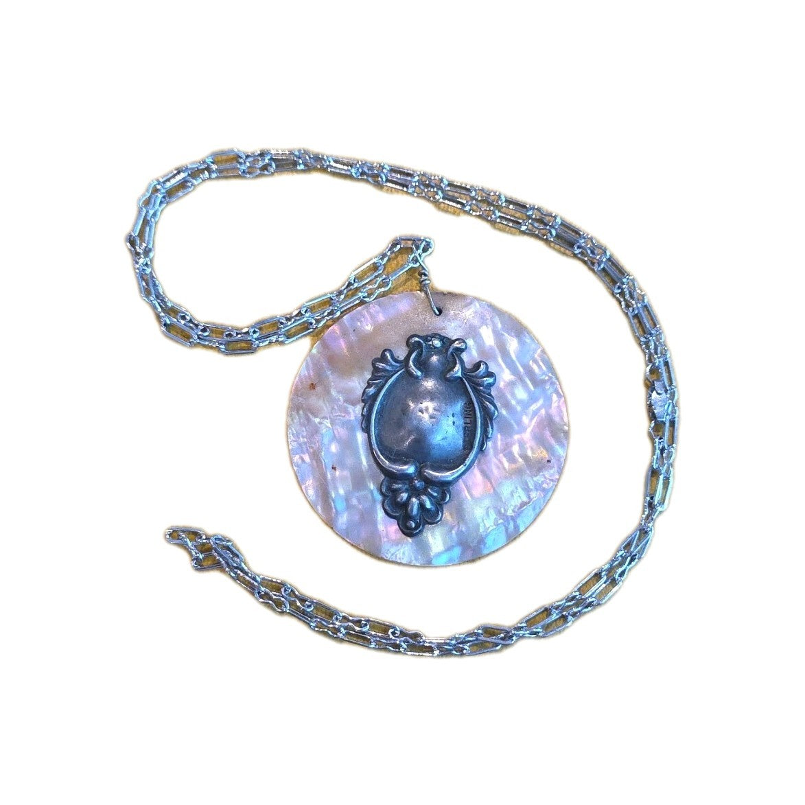 VINTAGE ~ ABALONE, TURQUOISE & STERLING SILVER NECKLACE & PENDANT (j)