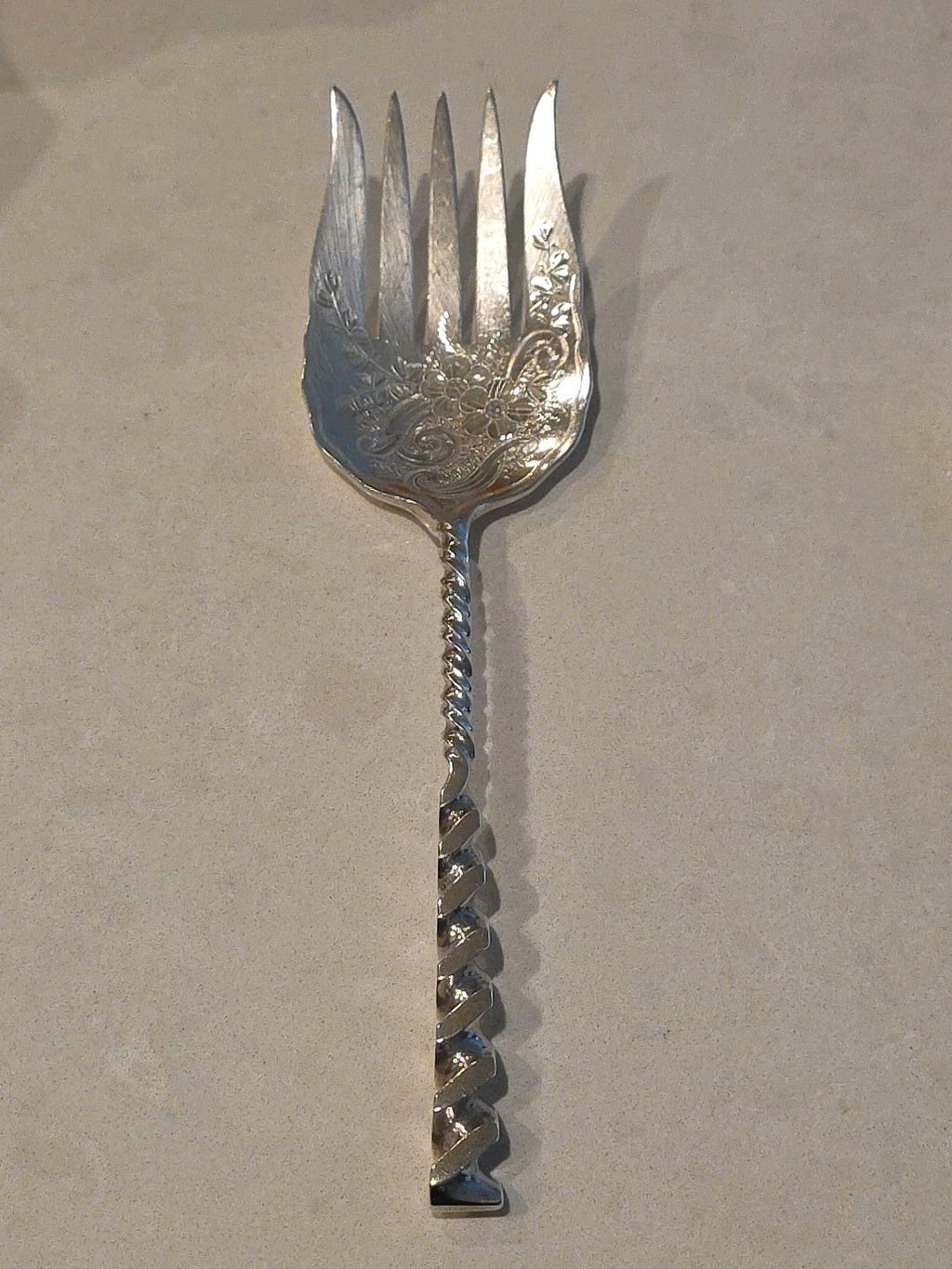 Square Twist #5 Whiting Sterling Silver Serving Sardine Fork Bright-Cut 8 1/2"