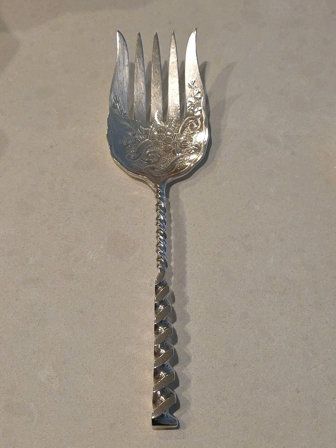 Square Twist #5 Whiting Sterling Silver Serving Sardine Fork Bright-Cut 8 1/2"