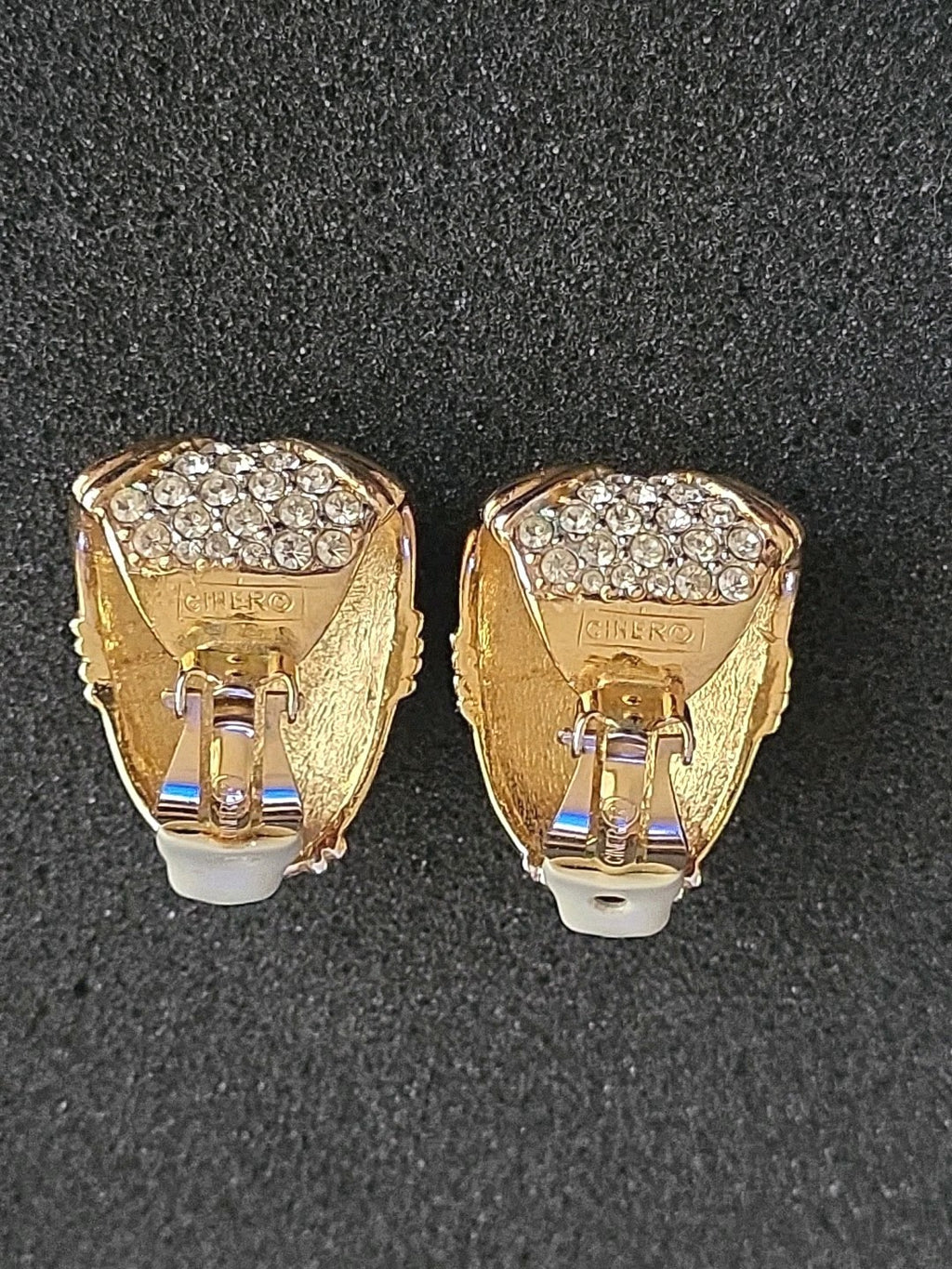 CINER 1980s Diamante Earrings Huge Gold-plated White Crystal Signed Clip-ons