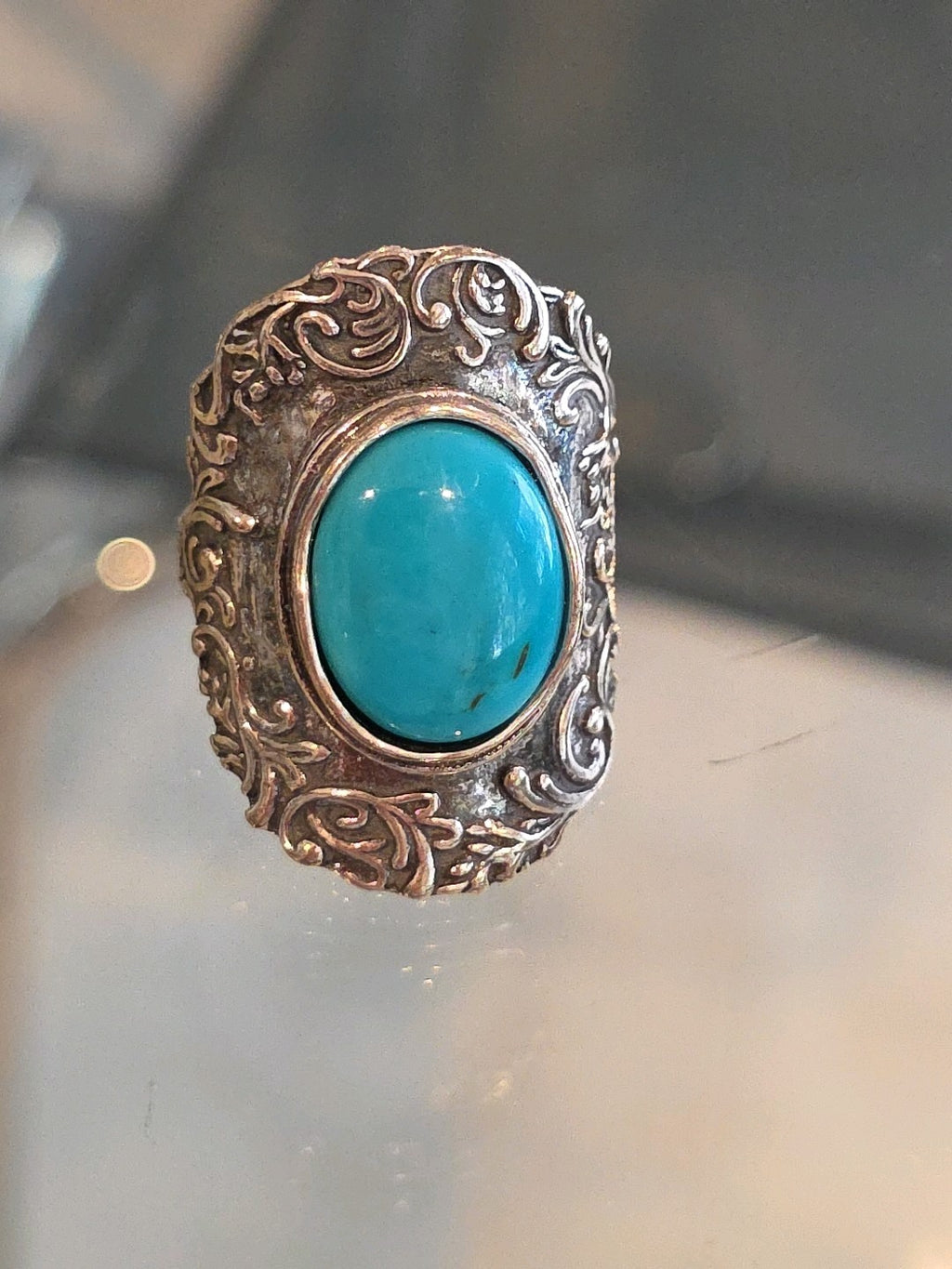 Beautiful Designer PZ Israel Large Sterling Silver Bezel Set Turquoise Ring