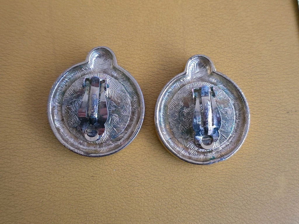Givenchy Paris New York Logo Coin Blue Cabochon CLIP-ON Earrings Gold tone