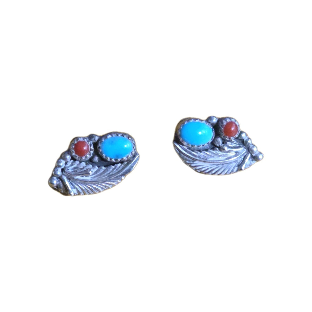 Blue Turquoise Red Coral Squash Blossom Sterling Silver 925 Post Earrings #730