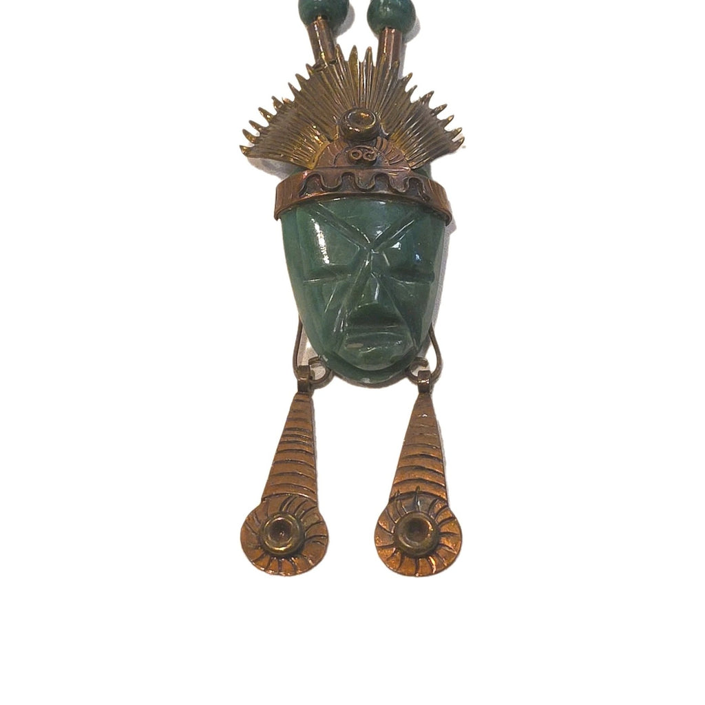 VERY STRIKING LARGE AZTEC DESIGN NECKLACE CARVED GREEN JADE STONE & COPPER