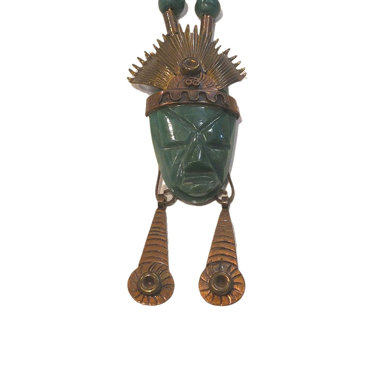 VERY STRIKING LARGE AZTEC DESIGN NECKLACE CARVED GREEN JADE STONE & COPPER