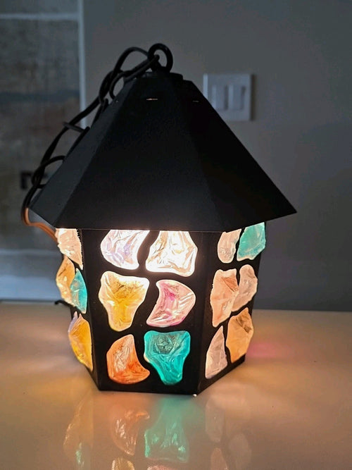 1950 Peter Marsh MultiColored Leaded Chunky Rock Glass Hanging Swag Lantern