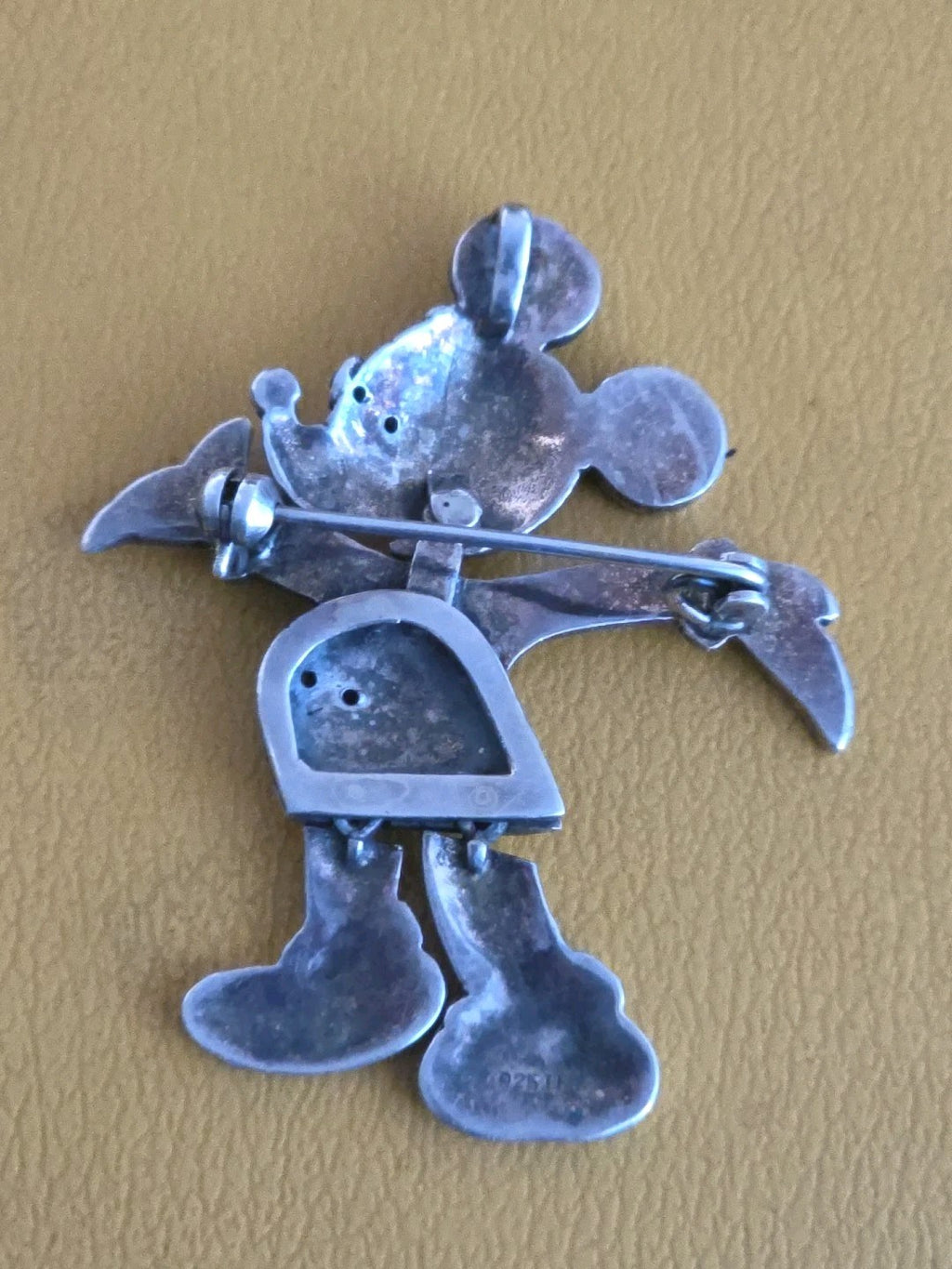 Moving Head Legs Mickey Mouse Brooch Sterling Silver Marcasite Pendant