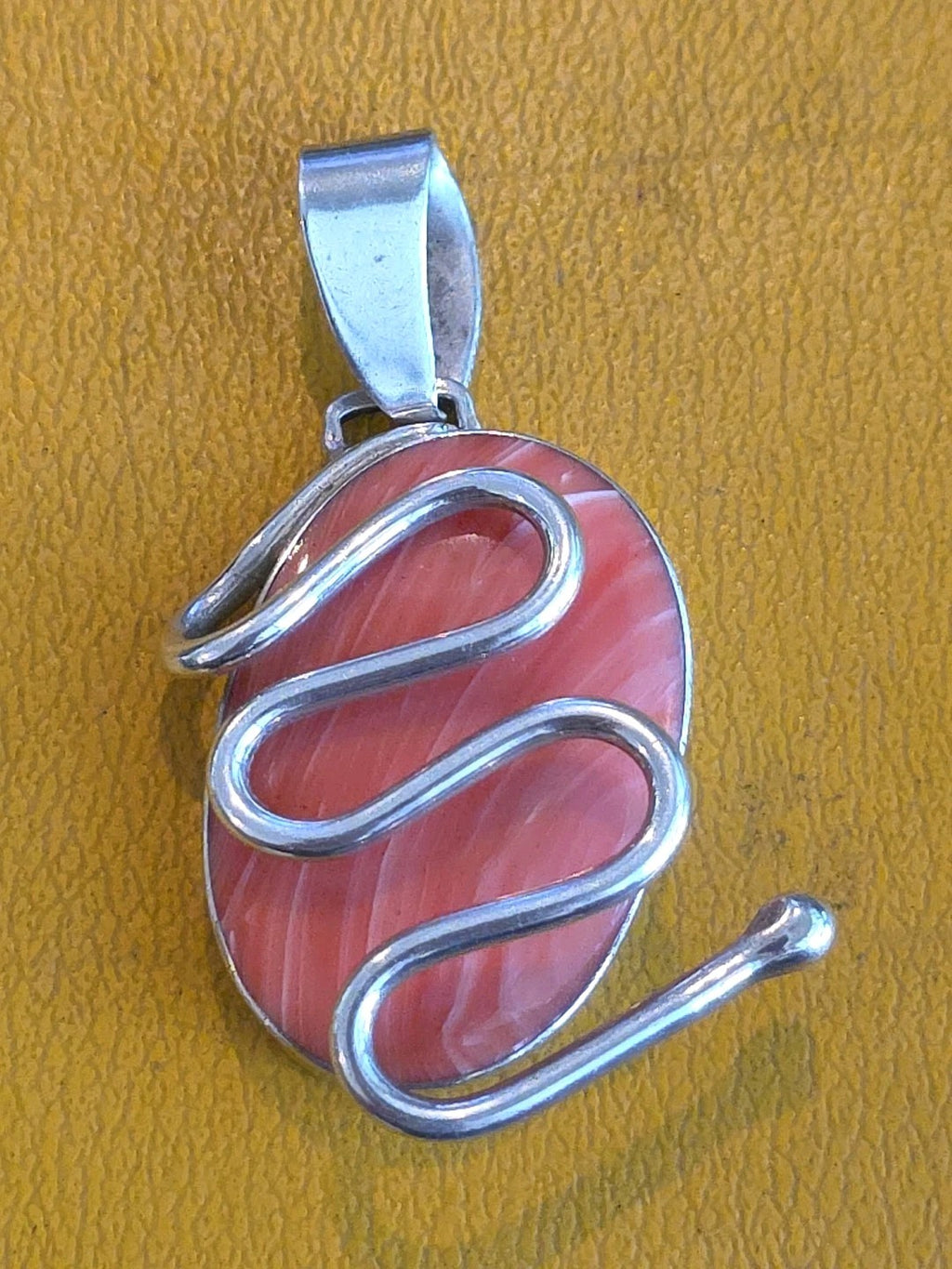 2"  MCM Modern Sterling 925 & Peach Agate Cabochon Triple Swag Pendant
