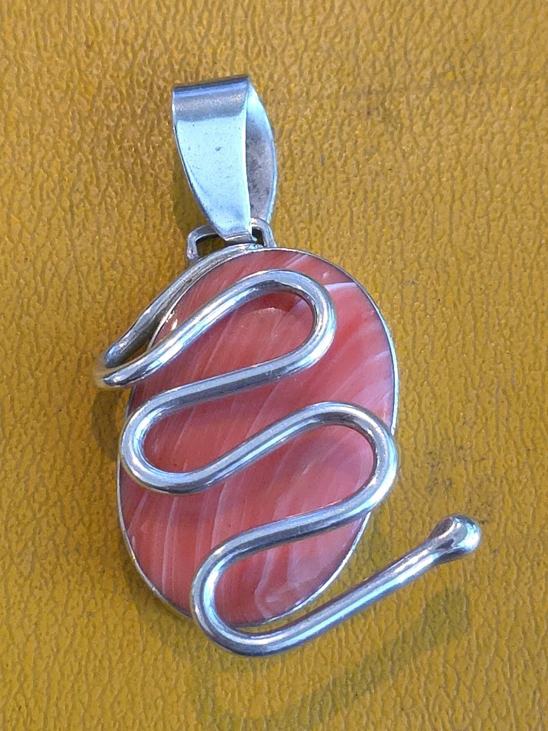 2"  MCM Modern Sterling 925 & Peach Agate Cabochon Triple Swag Pendant
