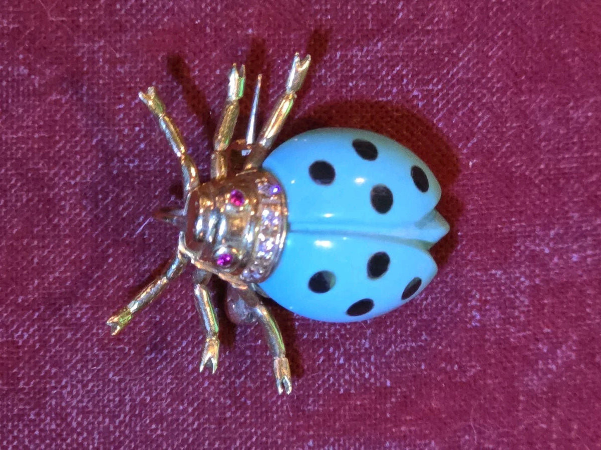 18k Yellow Gold With Diamond Pave Enamel Ladybug Brooch