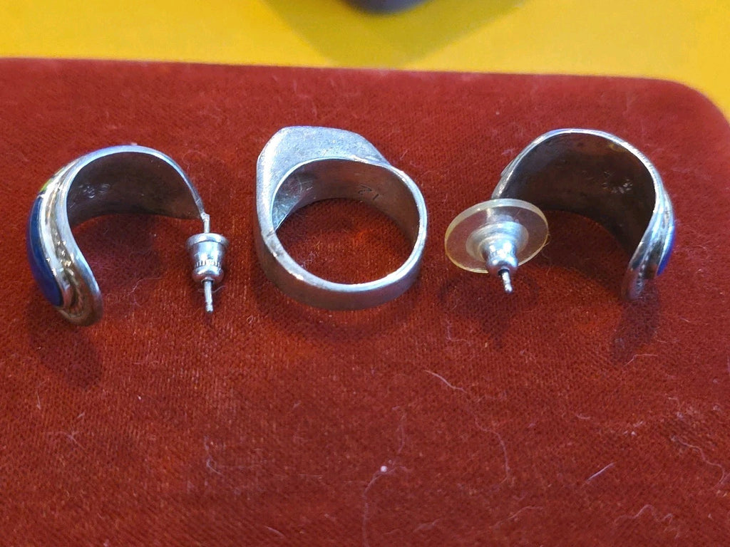 NAVAJO FRANCISCO  Inlay Earrings And Ring Sterling Silver Opal Lapis SZ.6.5