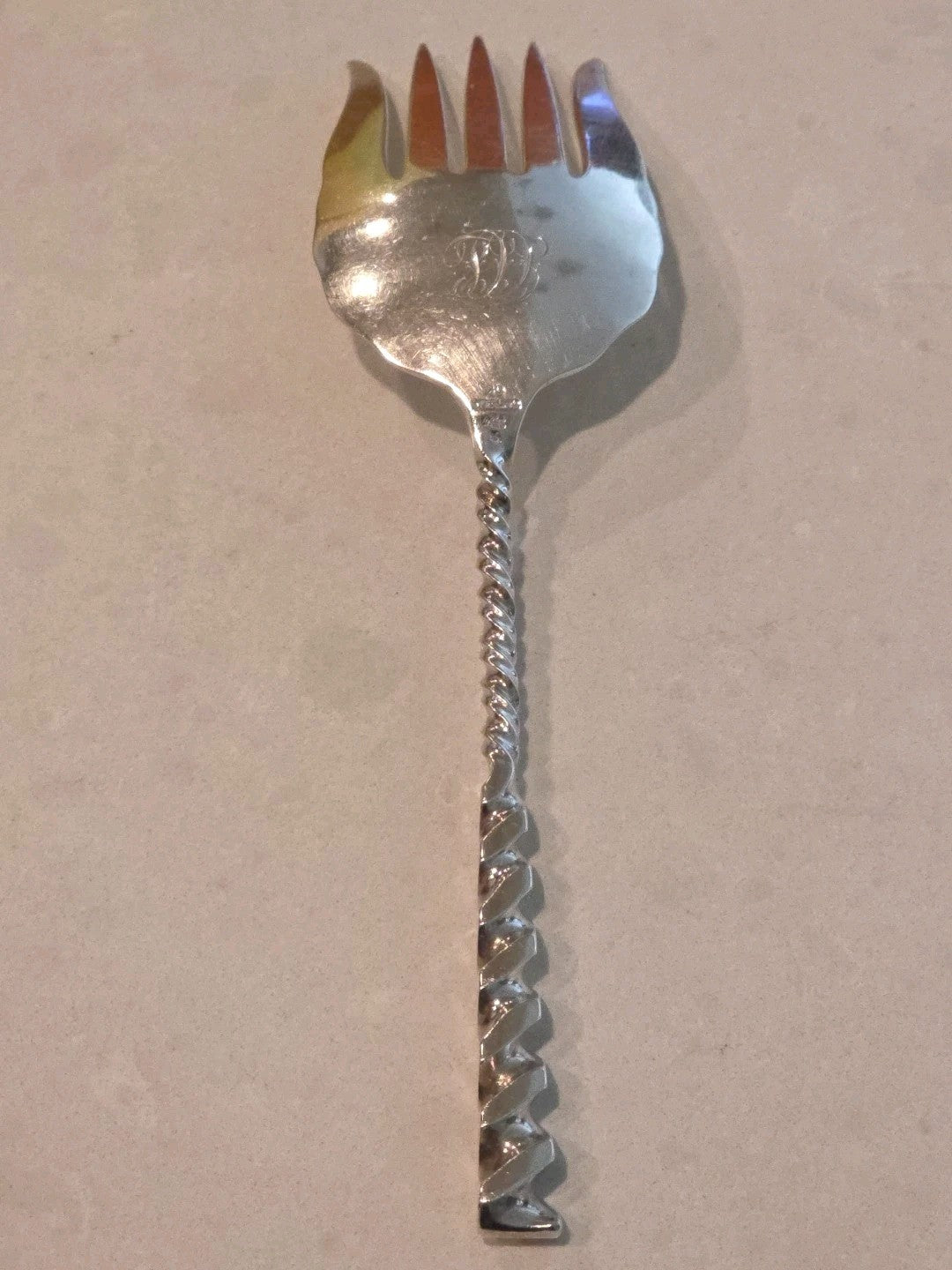 Square Twist #5 Whiting Sterling Silver Serving Sardine Fork Bright-Cut 8 1/2"