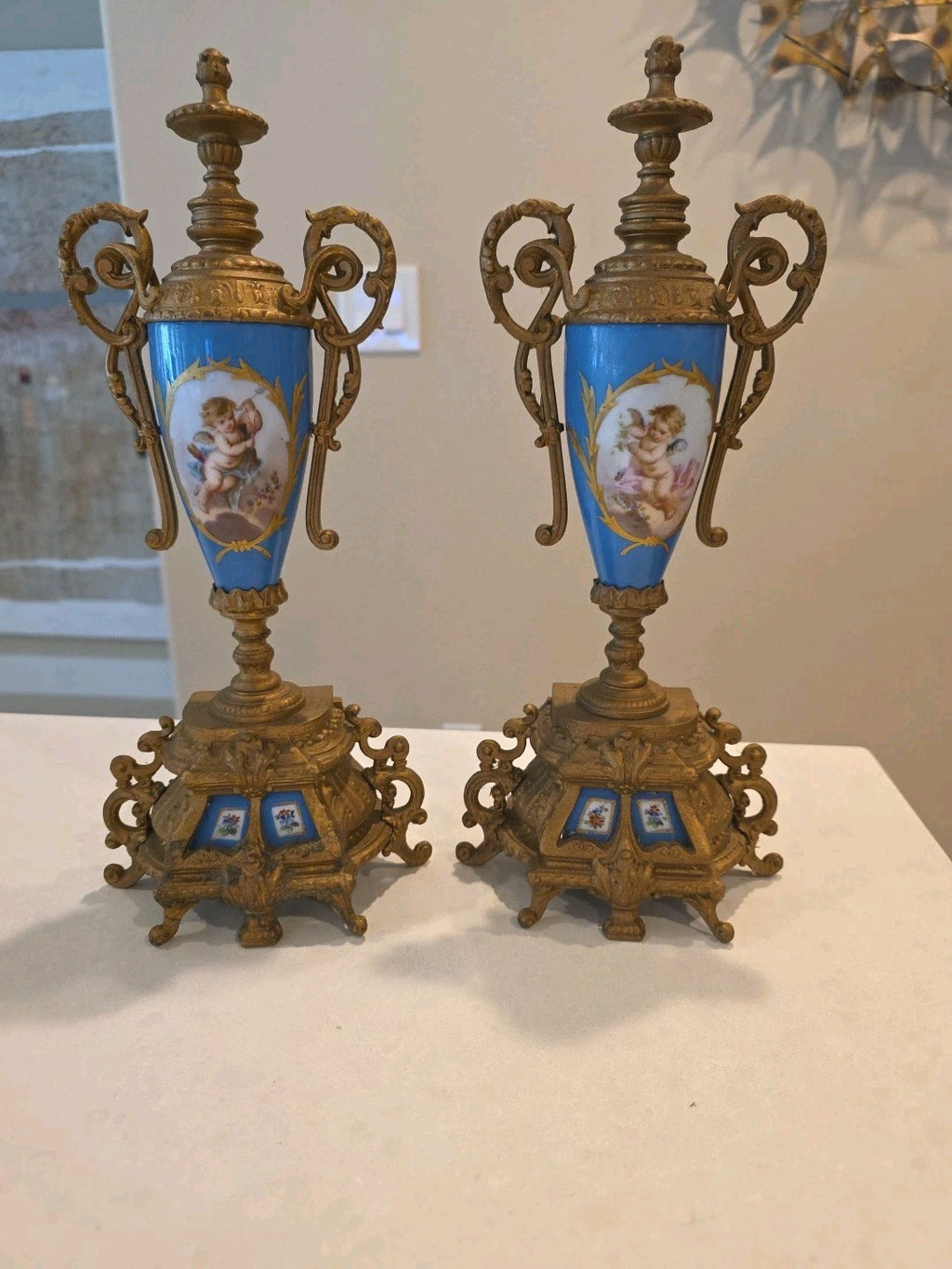 Pair 13" Sevres Style Hand Painted Porcelain Twin Handled Covered Urns