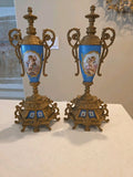 Pair 13" Sevres Style Hand Painted Porcelain Twin Handled Covered Urns