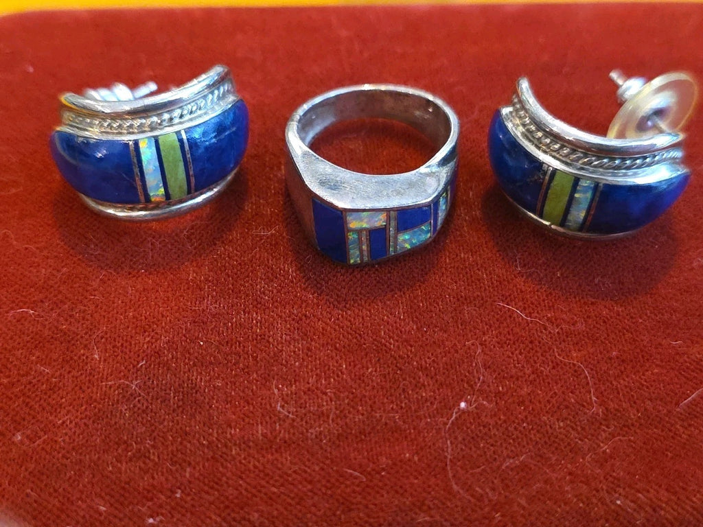 NAVAJO FRANCISCO  Inlay Earrings And Ring Sterling Silver Opal Lapis SZ.6.5