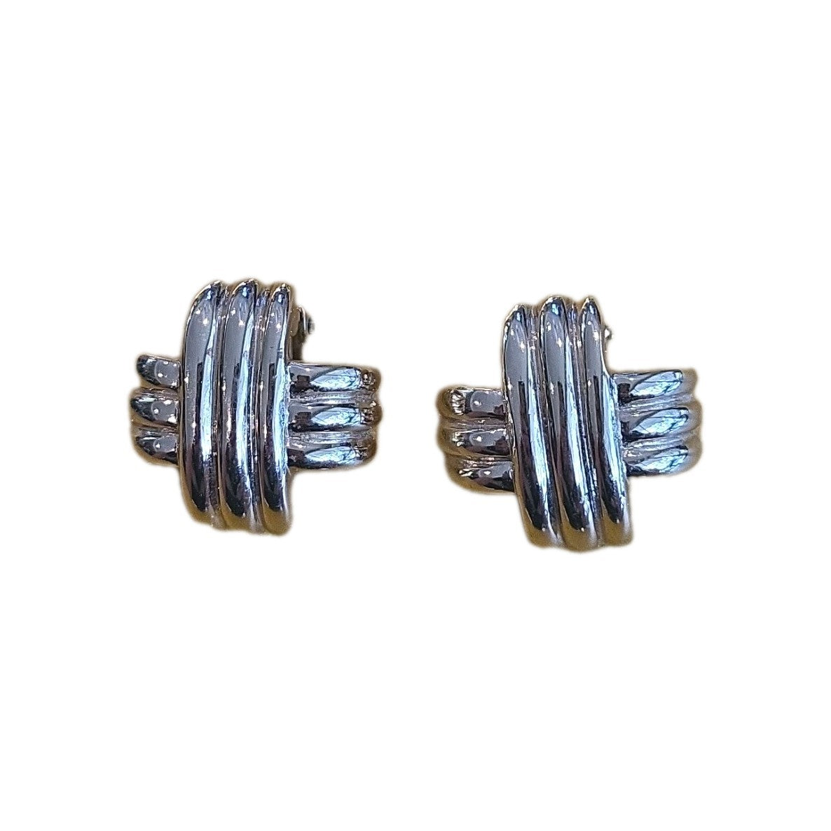 Vintage Ciner Clip On Ribbed Cross Over Silvertone Earrings Signed Heavy WoW
