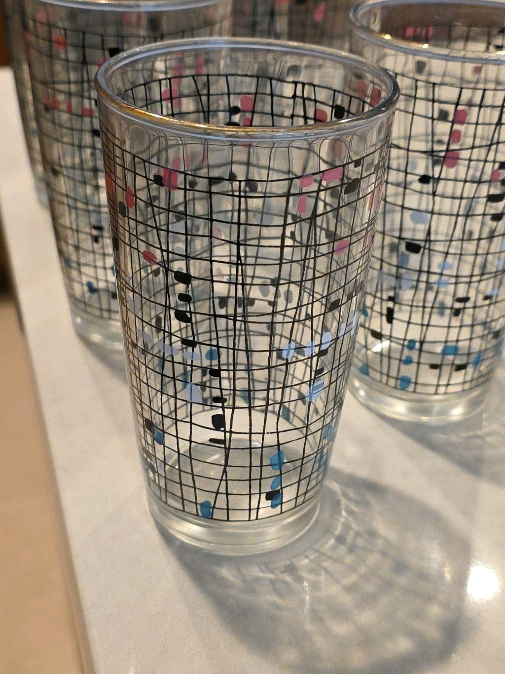 7 Vintage 1950’s Hazel Atlas Geometric Crosshatch Drinking Glasses Tumblers