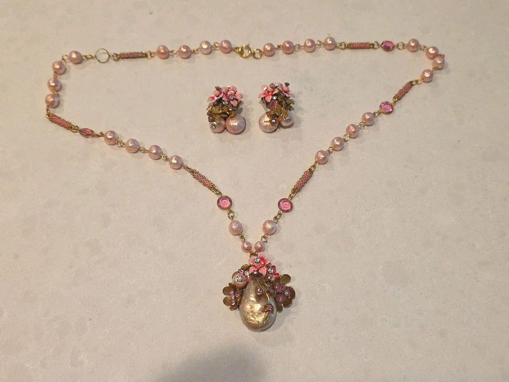 Rare Unmarked Mariam Haskell Pink & Pearl Ornate Classic Necklace & Earrings Set
