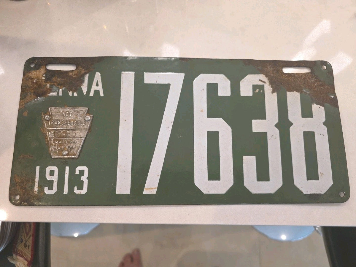 1913  PORCELAIN PENNSYLVANIA LICENSE PLATE VINTAGE AUTOMOBILIA