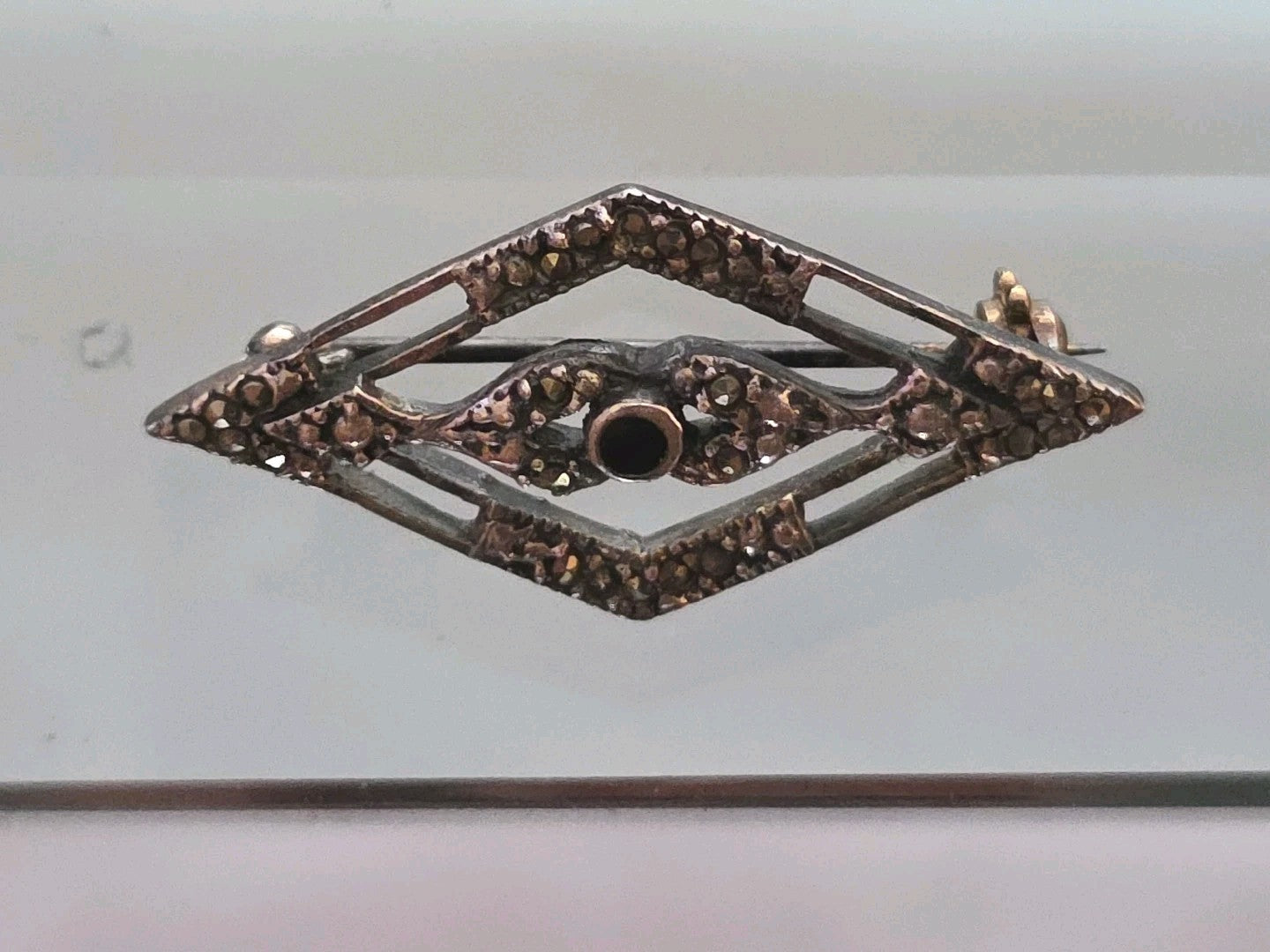 Sterling Silver Black Onyx Marcasite Pin Brooch Art Deco