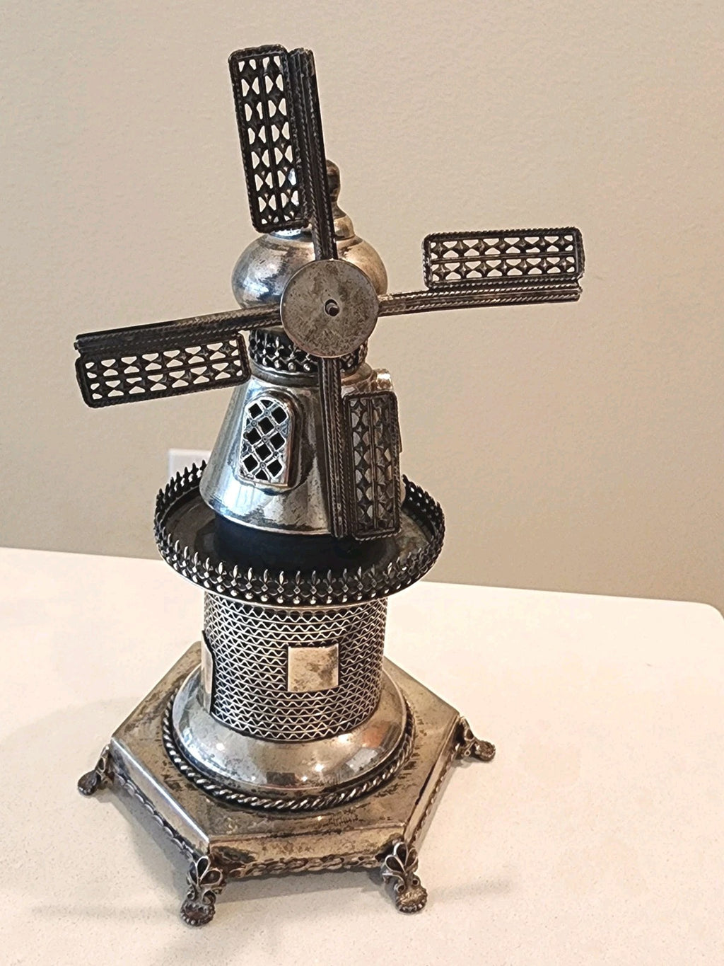 Vintage Antique Judaica Sterling Silver Spinning Blades Windmill Tower Figurine
