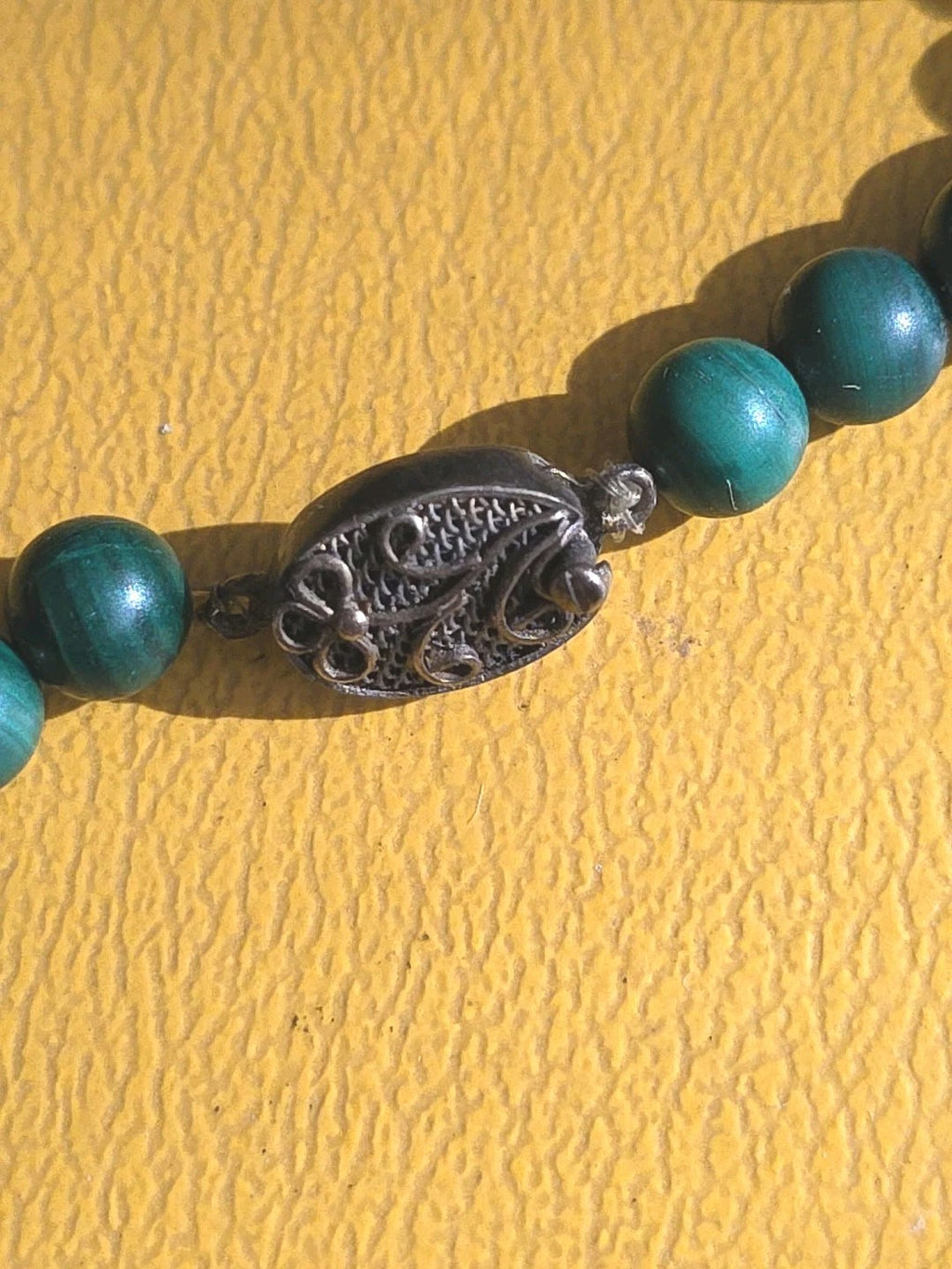 Vintage Genuine Malachite Long Strand Bead Necklace 30" Gold Beads