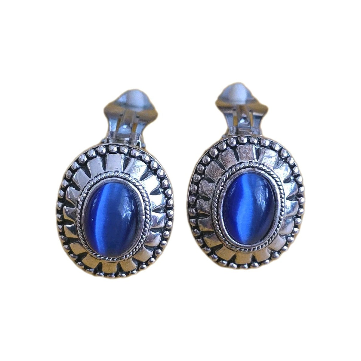 Vintage Blue Cat's Eye Clip On Earrings
