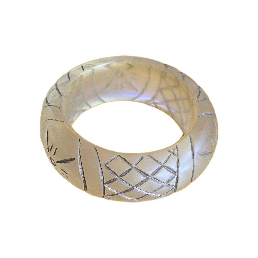 Vintage Chunky Bangle Bracelet Lucite Off-White Incised Carved