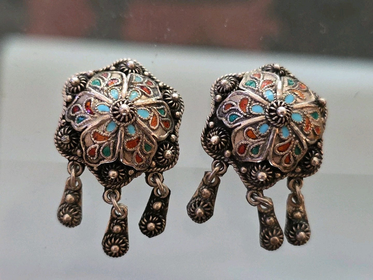 Antique Silver Highly Decorated  Granulation Enamel Bell Earrings  w Clapper