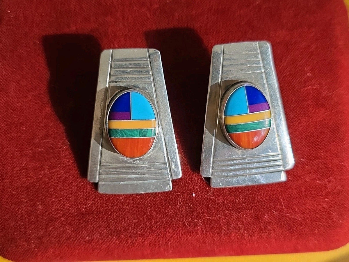 MELISSA YAZZI Sterlingj SPINY OYSTER TURQUOISE Lapis Inlay Hoop EARRINGS