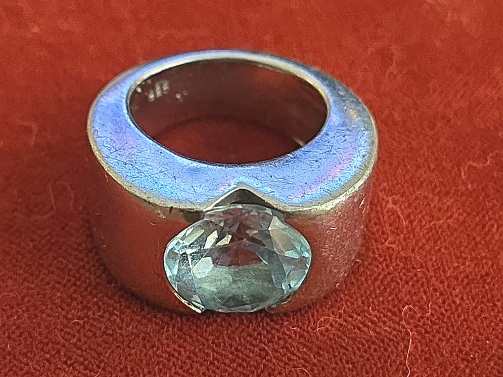 Sterling Silver 925 Thick Minimalistic Oval Cut Blue Topaz Band Ring - Size 6