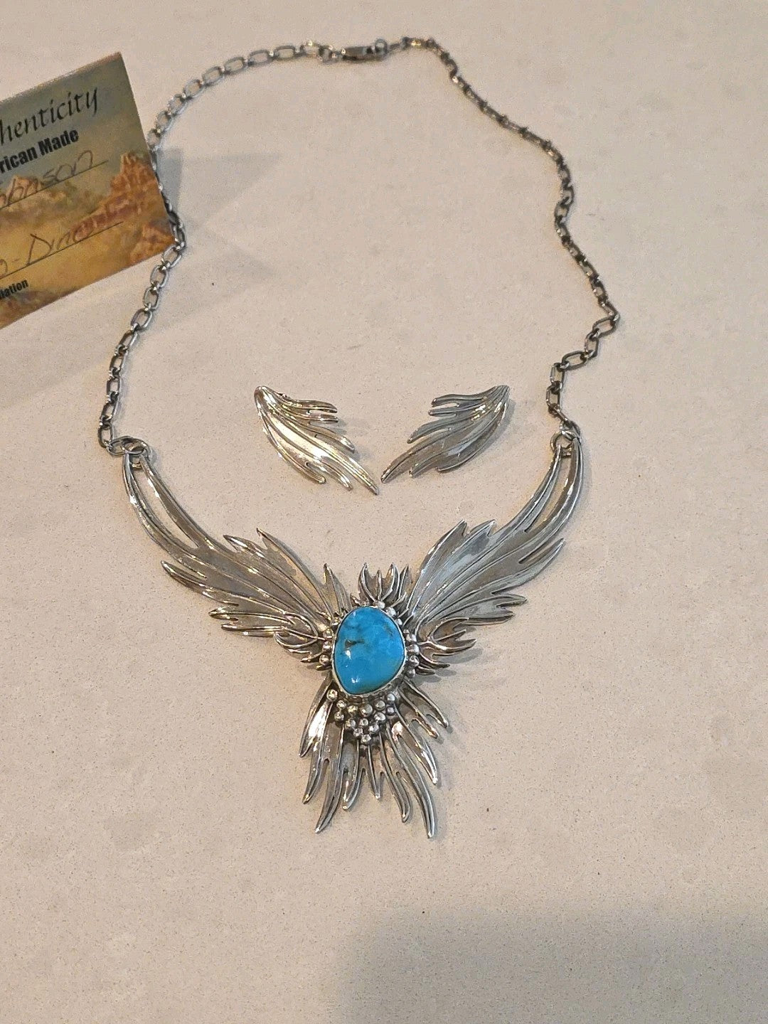 Charles Johnson Native American Turquois Sterling Phoenix Necklace & Earring Set