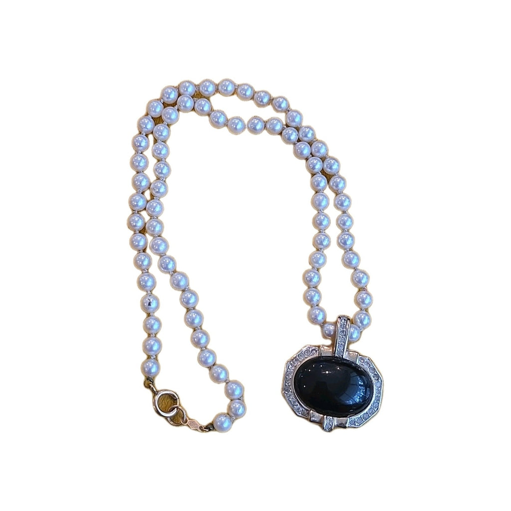 VTG PANETTA BLACK CABOCHON & RHINESTONE ENHANCER + MARVELLA FAUX PEARL NECKLACE