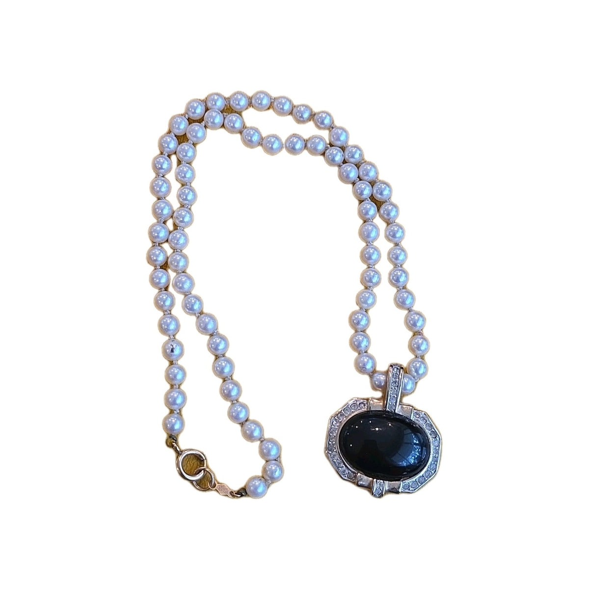 VTG PANETTA BLACK CABOCHON & RHINESTONE ENHANCER + MARVELLA FAUX PEARL NECKLACE