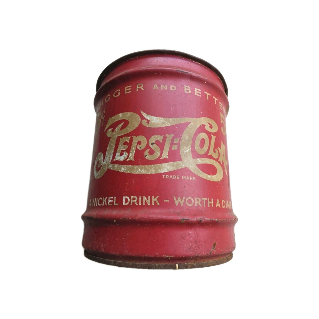 ANTIQUE 1930's USA PEPSI COLA SODA BOTTLE SYRUP DRUM METAL CAN COOLER STAND SIGN