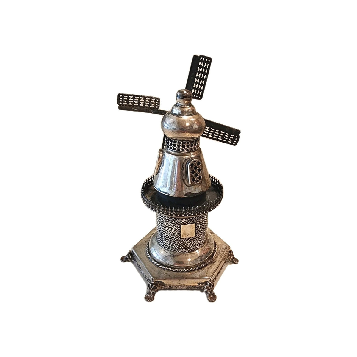Vintage Antique Judaica Sterling Silver Spinning Blades Windmill Tower Figurine