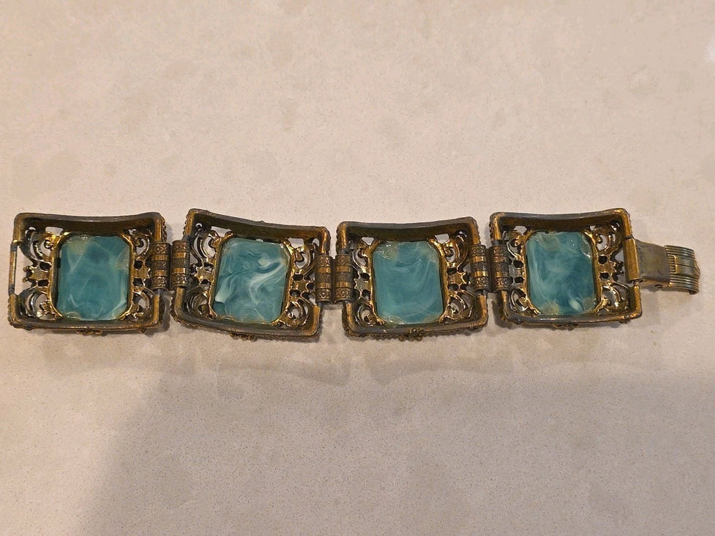 Beautiful Antique Vintage Art Nouveau Book Chain Jade Brass Amethyst Bracelet
