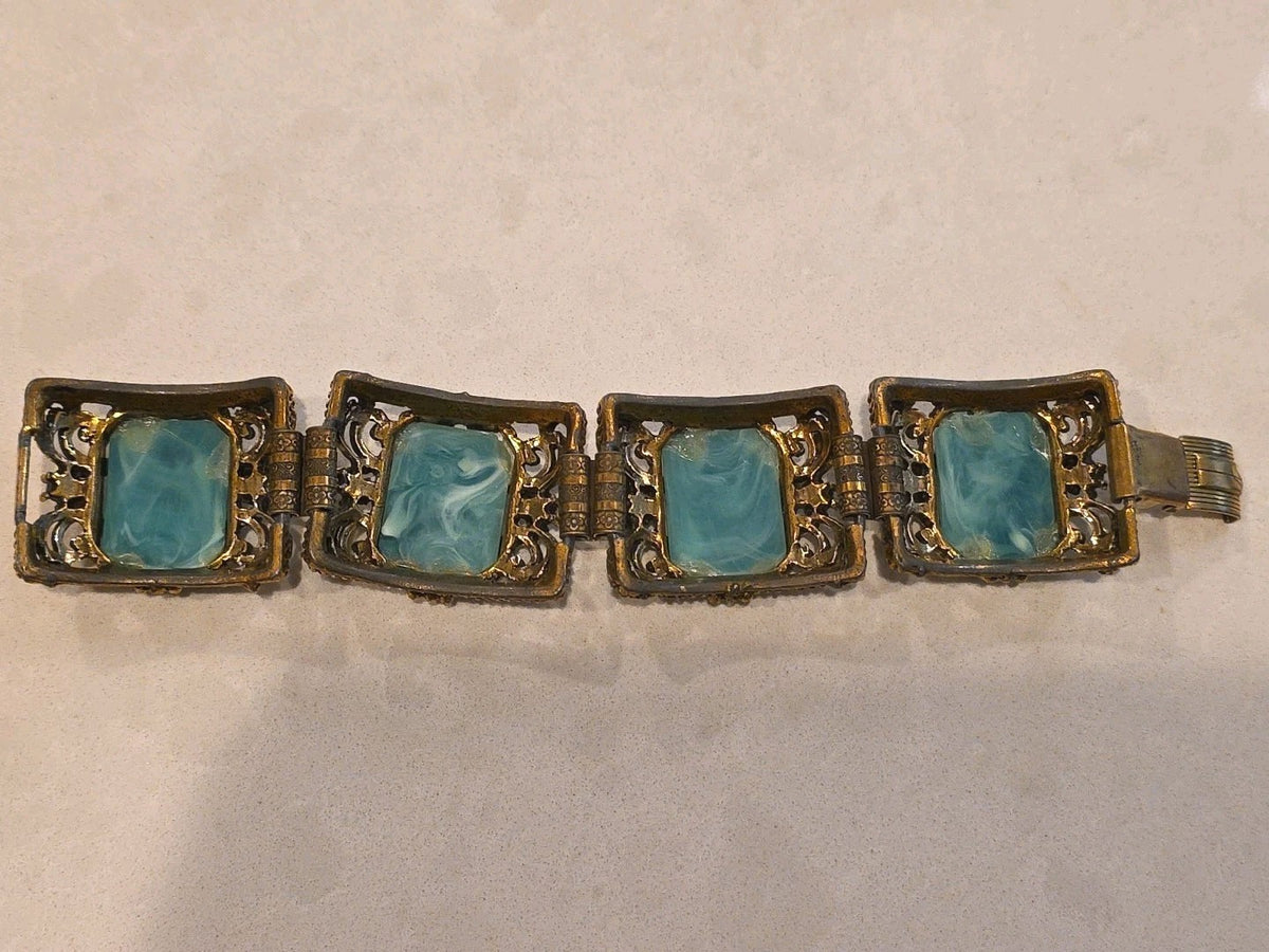 Beautiful Antique Vintage Art Nouveau Book Chain Jade Brass Amethyst Bracelet