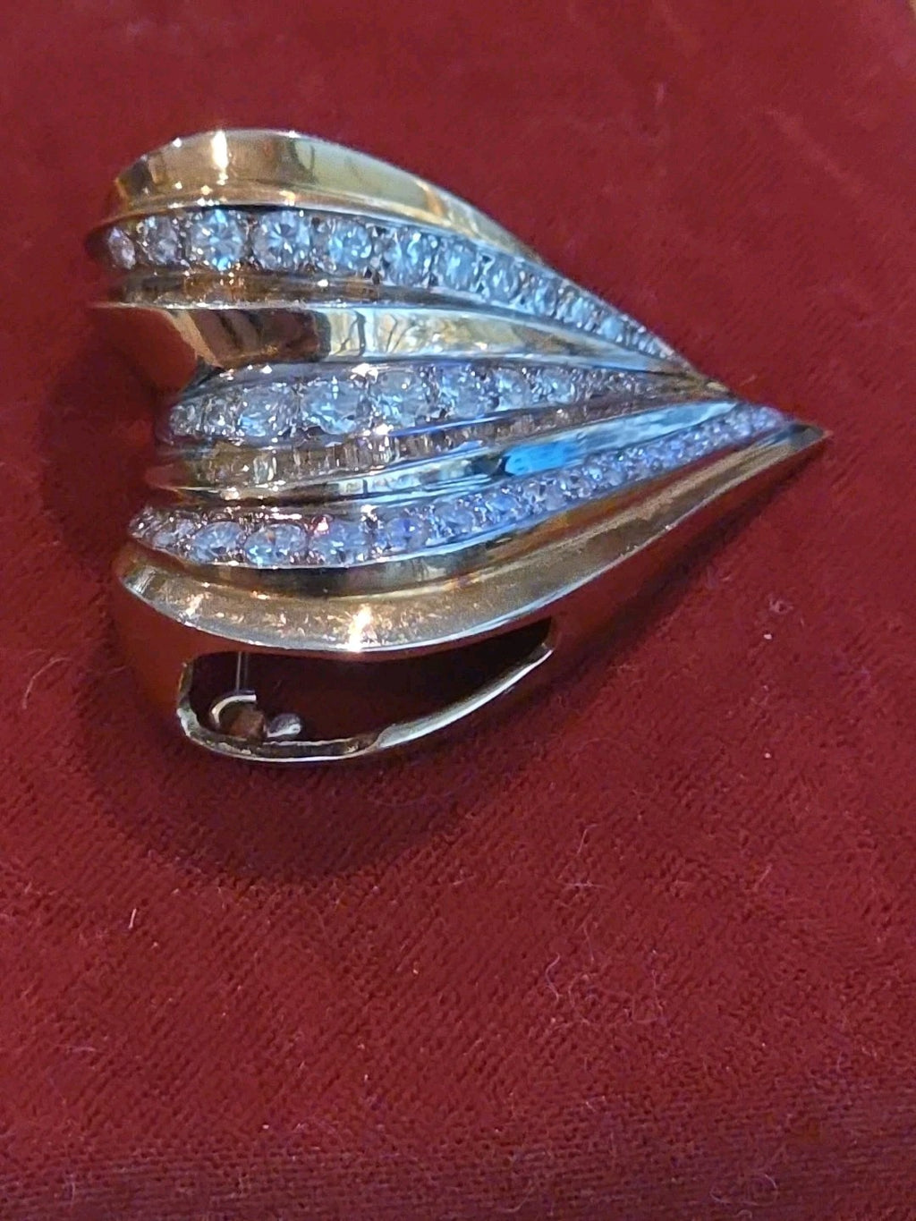 Huge 2ct Diamonds 14k Yellow Gold Heart Pin Brooch Pendant